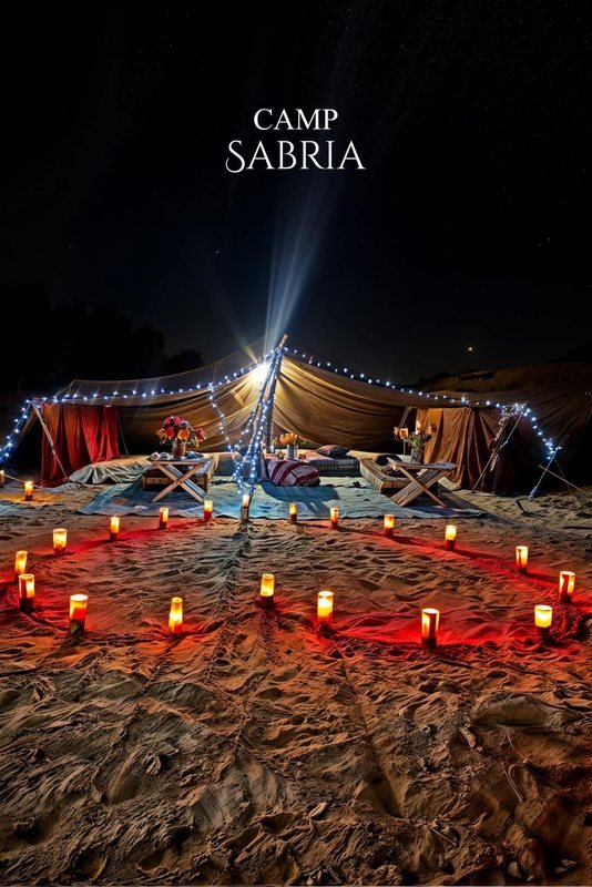صالة خيمة المخيم مضاءة ليلًا بأضواء الزينة، ودائرة متوهجة من الشموع على الرمل، وعبارة Camp Sabria في الأعلى